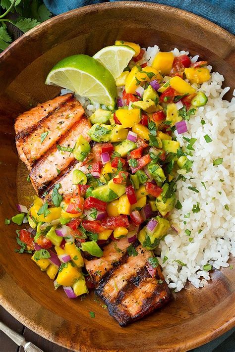 Grilled Lime Salmon With Avocado Mango Salsa And Coconut Rice Cooking