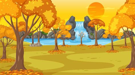 Autumn Scene At Sunset Time With Waterfall And Many Yellow Trees
