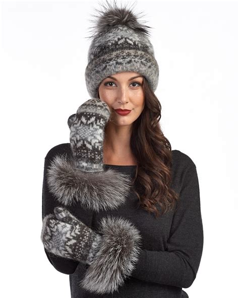 Nordic Knit Wool Mittens With Silver Fox Fur Cuff