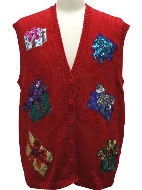 ugly christmas sweater vest work in progress unisex red background cotton ramie blend button