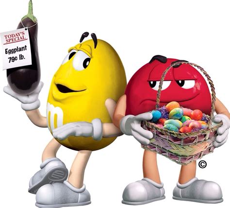 Red Mand M Holding An Easter Basket And Yellow M And M With An Eggplant Mandm