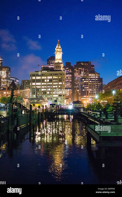 View Of Downtown Boston At Night From Long Wharf In The Center Of