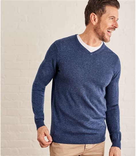 Denim Marl Mens Cashmere And Merino V Neck Knitted Sweater Woolovers Uk