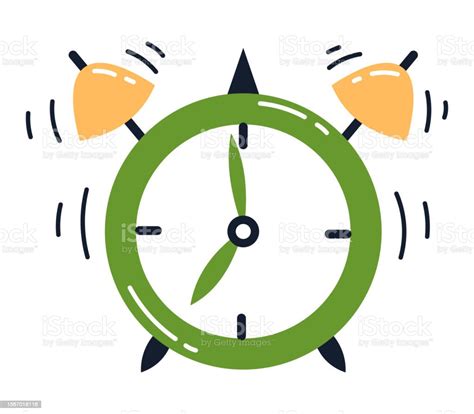 Vector Illustration Of Green Alarm Clock Waking Up Good Morning And