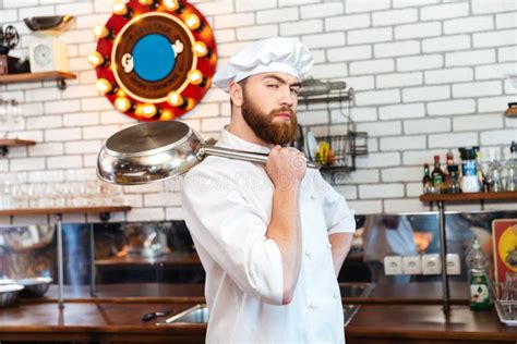 Serious Chef Cook Standing Holding Frying Pan Stock Photos Free
