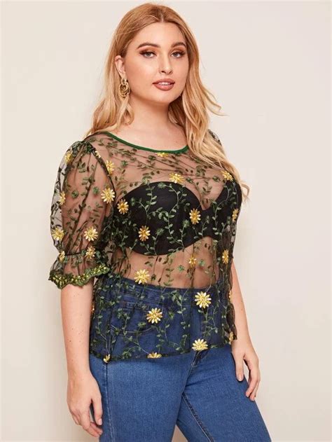 Shein Plus Flounce Sleeve Embroidery Mesh Sheer Top Without Bra