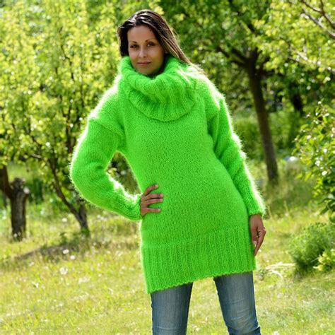 Extravagantza Hand Knitted Mohair Sweater Fuzzy Neon Green Cowlneck