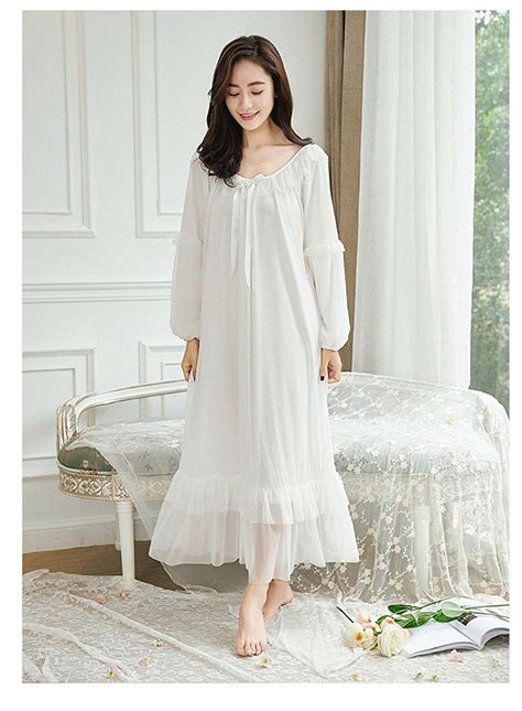 Victorian White Cotton Night Dress Women Autumn Romantic Vintage Long