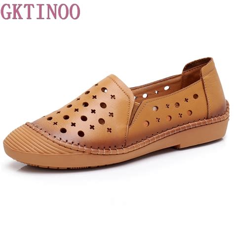 Gktinoo Cut Out Womens Casual Shoes Genuine Leather Woman Loafers Slip