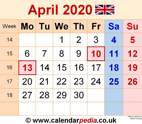 Calendar April 2020 Uk With Excel Word And Pdf Templates