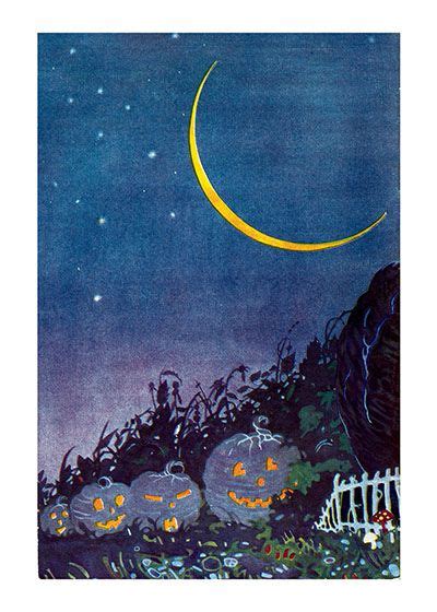 Jack O Lanterns In The Night With A Lovely Crescent Moon Halloween