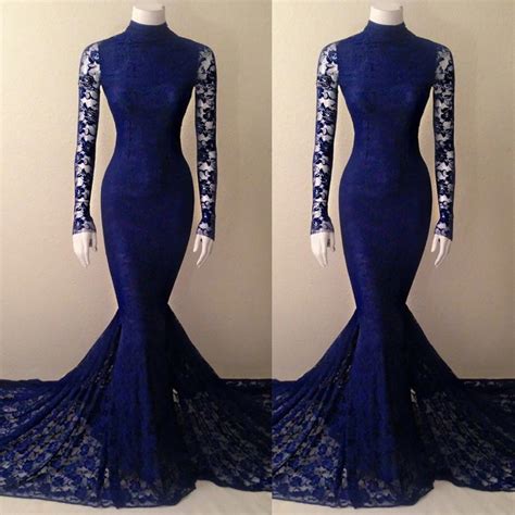 Royal Blue High Neck Long Sleeves Prom Dresslace Mermaid Prom Dresses