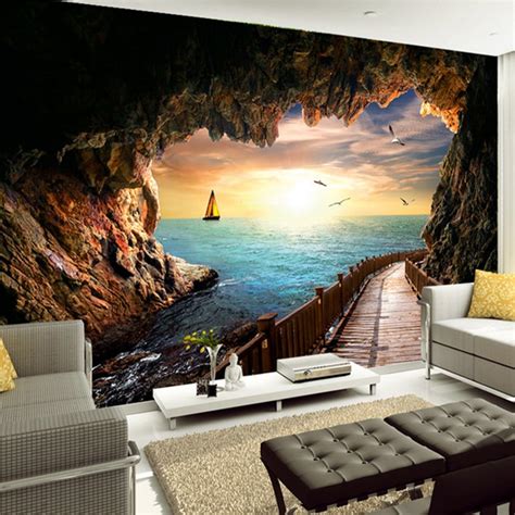 Custom Mural Wallpaper Wall Covering Cave Sea View Sunset