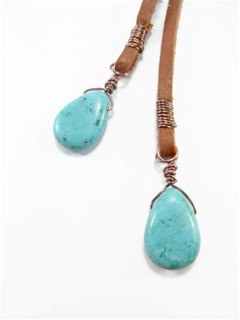 Turquoise Lariat Necklace Brown Leather Lariat Etsy