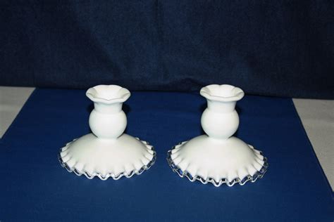 Vintage Fenton Silver Crest Candlestick White Clear Glass Crimped Ruffle Candle Holder