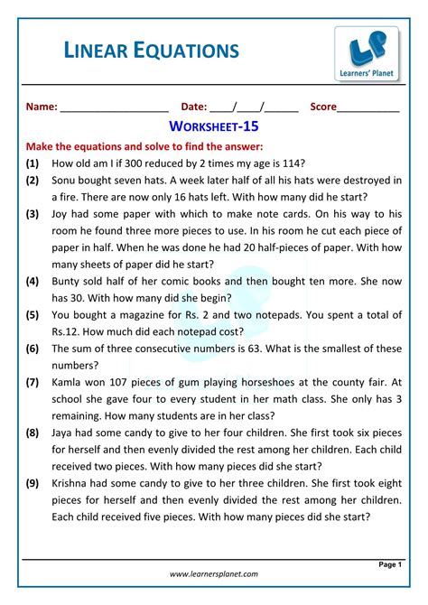 Solving Equations Word Problems Worksheet