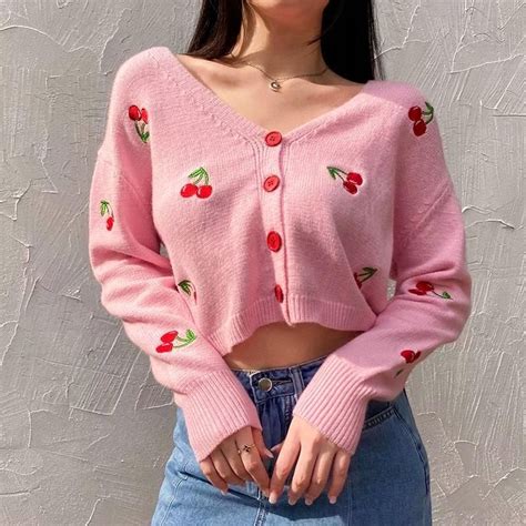 Knitted Embroidered Cherry V Neck Cardigan In 2022 Aesthetic Sweaters Knitting Women Sweater