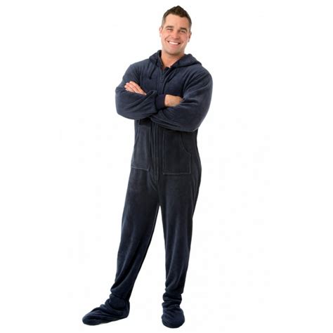 Mypartyshirt Navy Blue Plush Hooded Adult Footed Pajamas Footie Drop