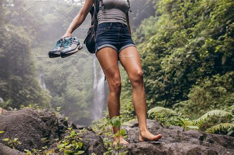Woman Hiking Barefoot High Quality People Images ~ Creative Market