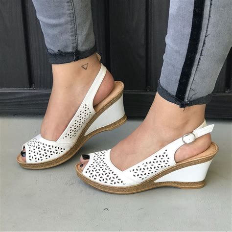 stylish white perforated peep toe slingback wedge sandal