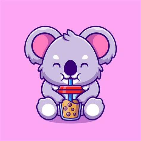 Premium Vector Cute Koala Drink Boba Bubble Tea Cup Cartoon