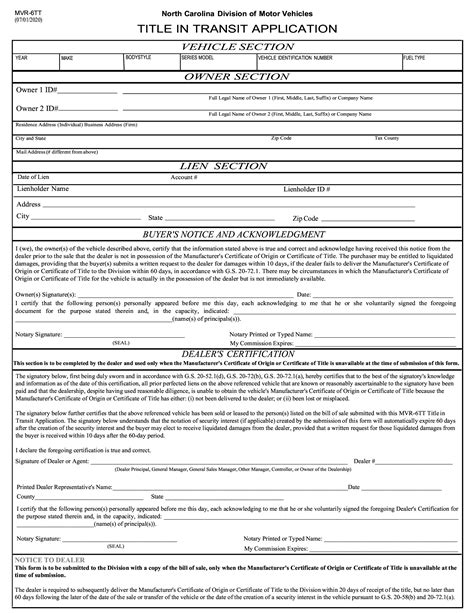 Nc Dmv Form Mvr 6tt Title In Transit Application Forms Docs 2023