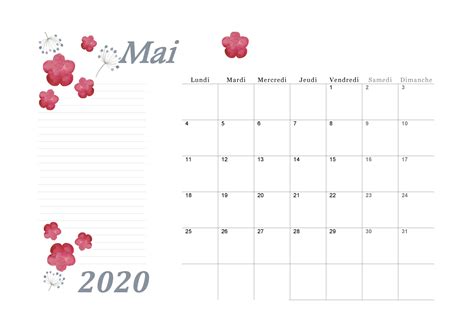 Calendrier Mensuel Mai 2020 à Imprimer En Format A4