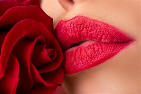 premium photo lips with red lipstick closeup beautiful woman lips with rose perfect clean skin