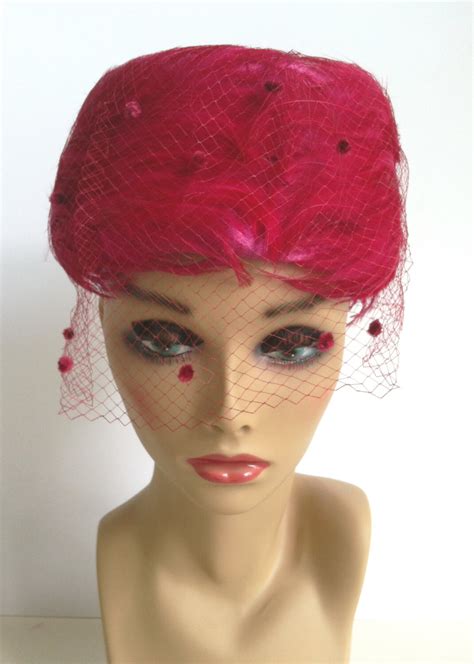 Vintage Fuchsia Feather Hat With Nettingdotted Veil 1950s Large