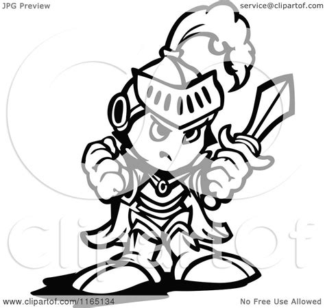 Cartoon Of A Black And White Tough Knight Holding Up A Fist And A Sword