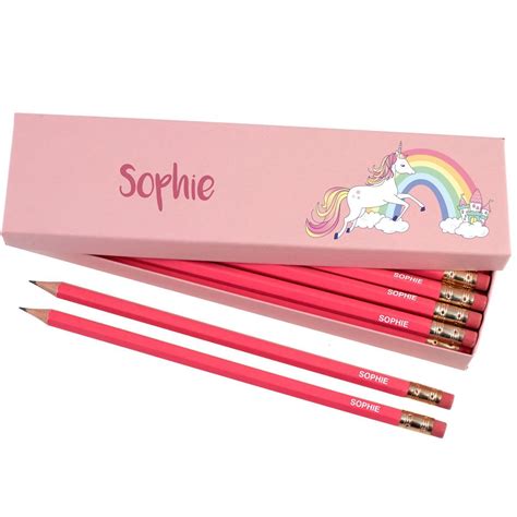 Box Of 12 Named Hb Pencils Rainbow Unicorn Personalised Pencils