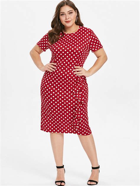 Wipalo Women Vintage Plus Size Polka Dot Print Bodycon Dress O Neck