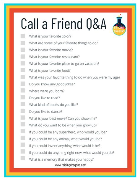 Call A Friend Qanda For Kids ⋆ Raising Dragons Conversation Starters