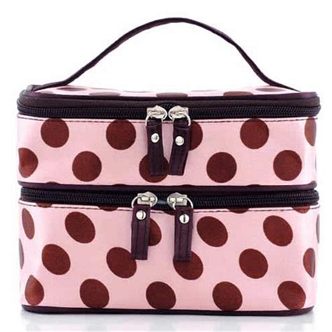 Polka Dot Makeup Case Double Layers Zipper Cosmetic Hand Bag Toiletry