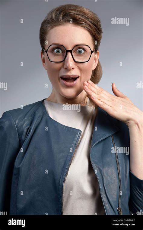 Excited Surprised Shocked Young Woman Wearing Basic Jacket Eyeglasses Standing Keeping Mouth