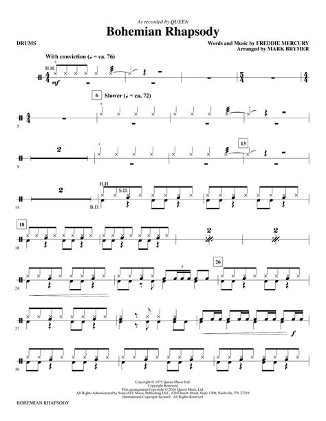 Find useful lessons, tips and reviews for every instrument. Bohemian Rhapsody (arr. Mark Brymer) - Drums Sheet Music | Queen | Choir Instrumental Pak