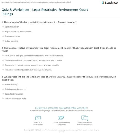 Quiz And Worksheet Least Restrictive Environment Court Rulings