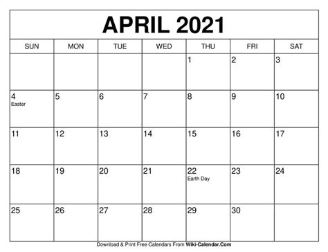 Monthly calendar for the month april in year 2021. April 2021 Calendar | Free calendars to print, Calendar ...