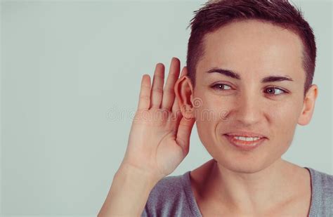 Closeup Head Shot Macro Face Young Nosy Woman Hand To Ear Gesture