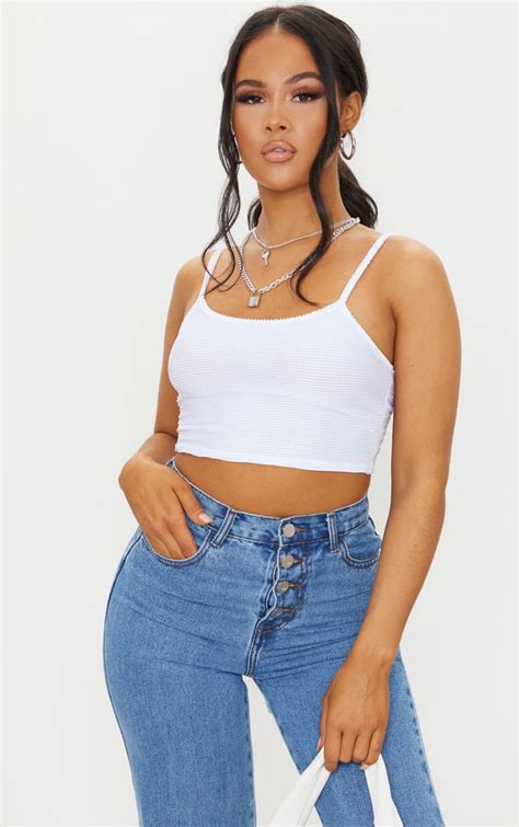 white structured rib crop cami tops prettylittlething ie