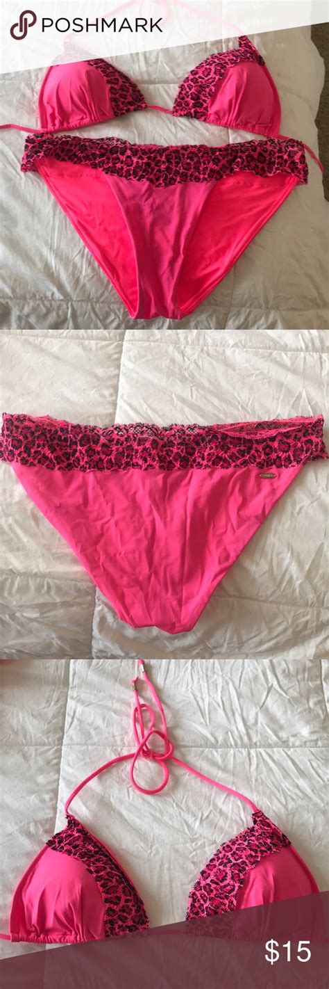 Pink Leopard Print Detail Bikini Triangle Top With Ties Around Neck