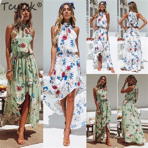 Tcyeek Summer Beach Dress Women Long Floral Dress Boho Party Maxi Dresses Sleeveless Elegant