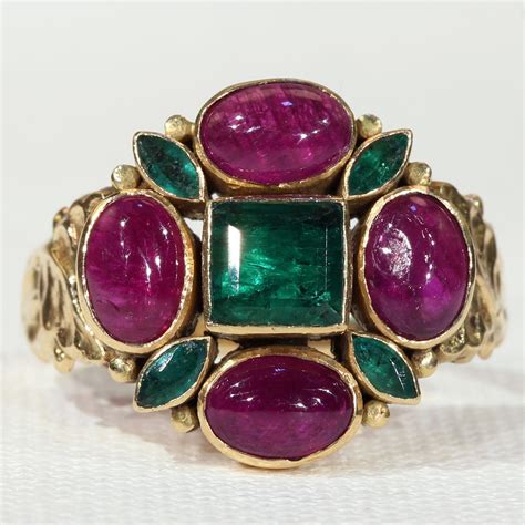 Fabulous Vintage Emerald And Ruby Ring In 18k Gold French From