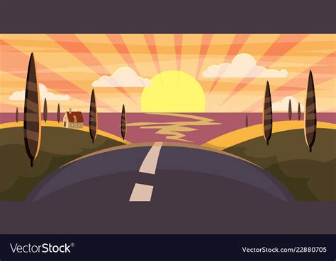 Cartoon Landscape With Road Highway And Sunset Vector Image