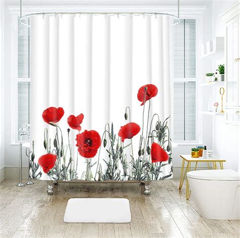 Red Poppy Floral Fabric Shower Curtain Bath Curtain Meadow Wildflower