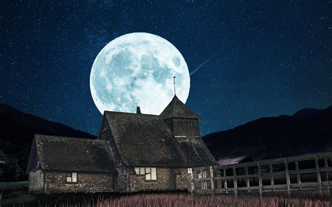 Download Wallpaper 3840x2400 Building Moon Night Full Moon Starry