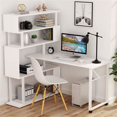 L Shaped Corner Desk Rotating Computer Desk With 5 Shelves Bookshelf
