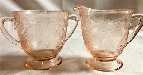 Antique Blush Pink Depression Glass Sugar And Creamer With Cherry Blossom Floral Pattern