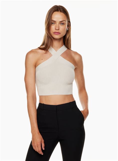 SCULPT KNIT CRISS CROSS CROPPED TANK In Ribbed Halter Top Criss Cross Halter Top Fashion