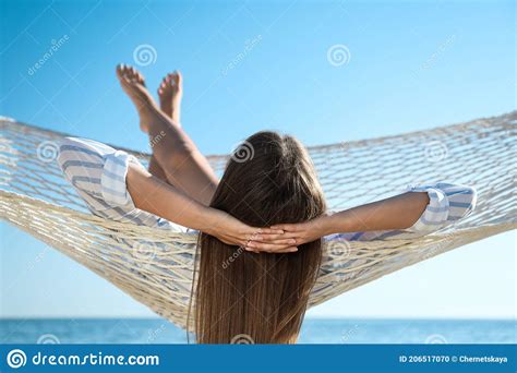 Young Woman Relaxing In Hammock On Beach Stock Photo Image Of Female